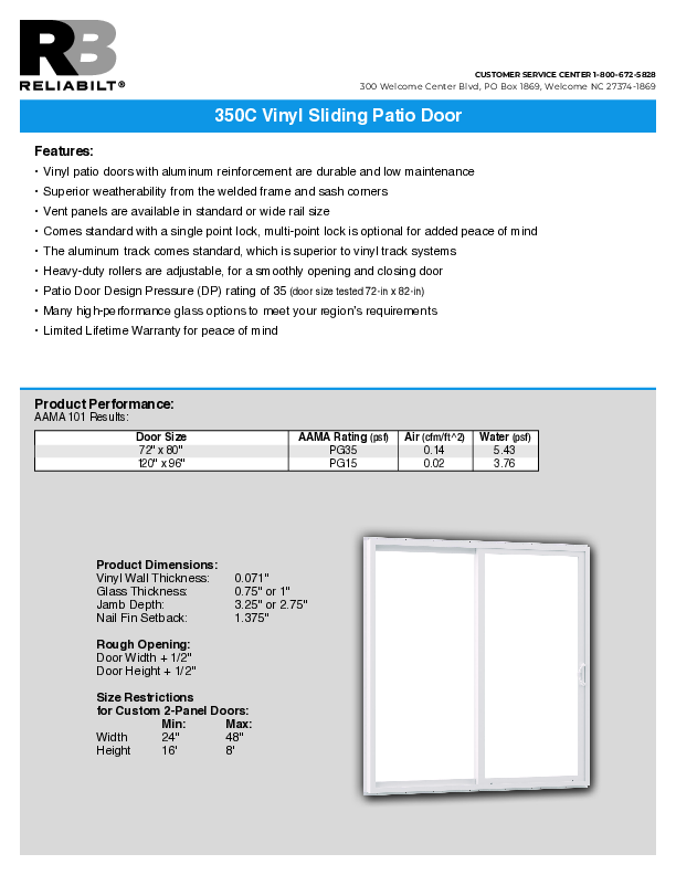 RELIABILT West Series 350C Patio Door Technical Data Sheet