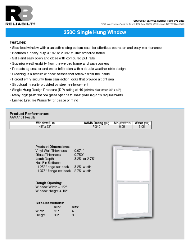 RELIABILT West Series 350C Single Hung Technical Data Sheet