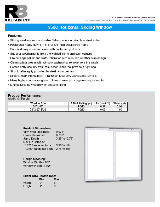 RELIABILT West Series 350C Slider Technical Data Sheet