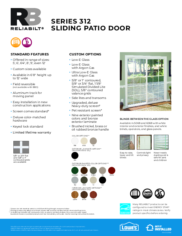 RELIABILT 312 Patio Door Feature Sheet 2025