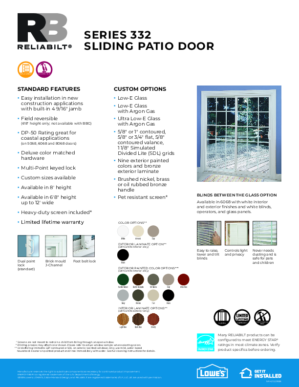 RELIABILT 332 Patio Door Feature Sheet 2025