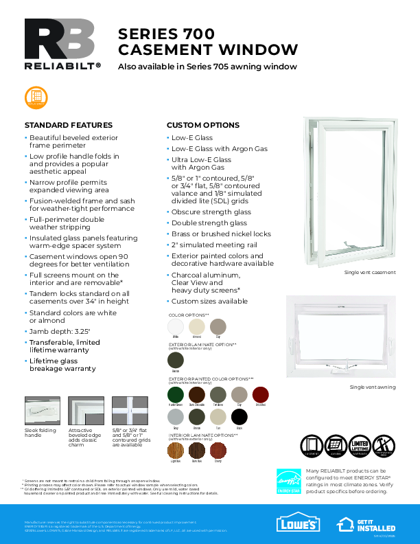 RELIABILT Series 700 Casement and 705 Awning Feature Sheet 2025