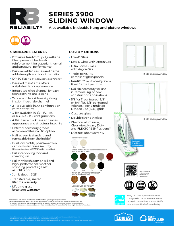 RELIABILT Series 3900 Sliders Feature Sheet 2025