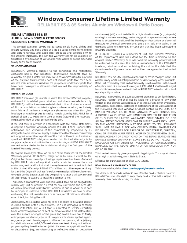 RELIABILT Aluminum Series Warranty 2026