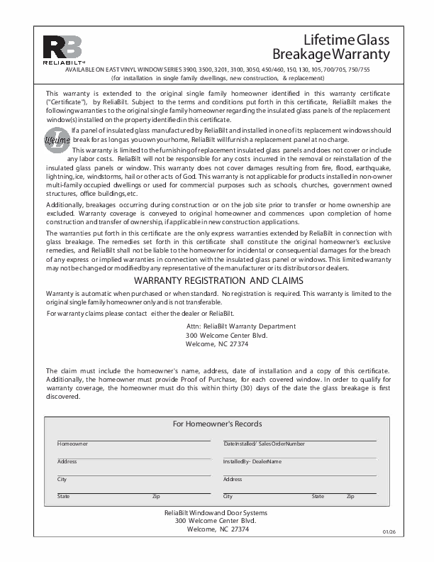 RELIABILT East Vinyl Lifetime Glass Breakage Warranty