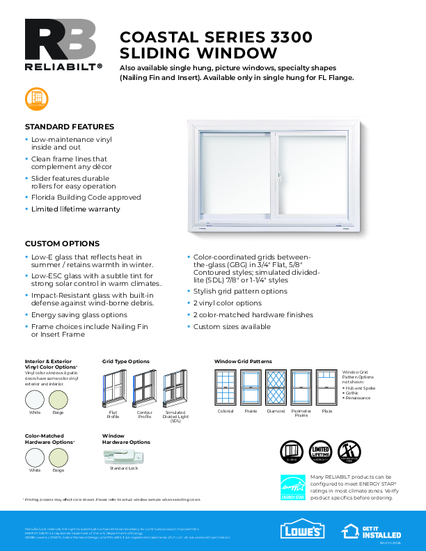RELIABILT Coastal Series 3300 Slider Feature Sheet