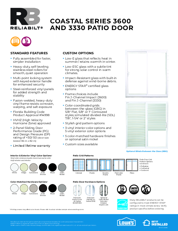 RELIABILT Coastal Series 3600 and 3330 Patio Door Feature Sheet