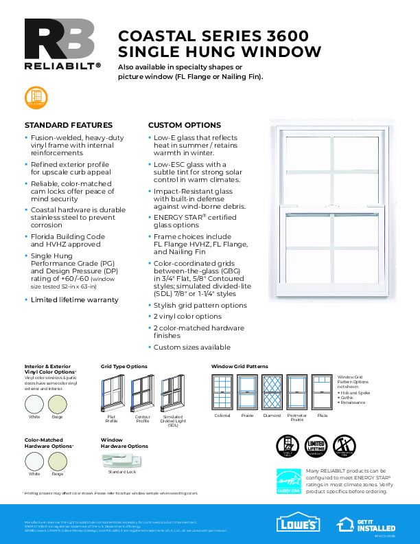 RELIABILT Coastal Series 3600 Single Hung Feature Sheet