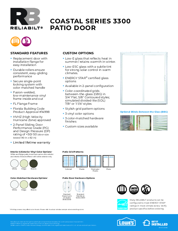 RELIABILT Coastal Series 3300 Patio Door Feature Sheet