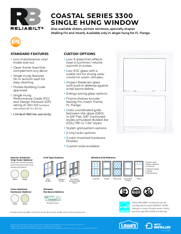 RELIABILT Coastal Series 3300 Single Hung Feature Sheet