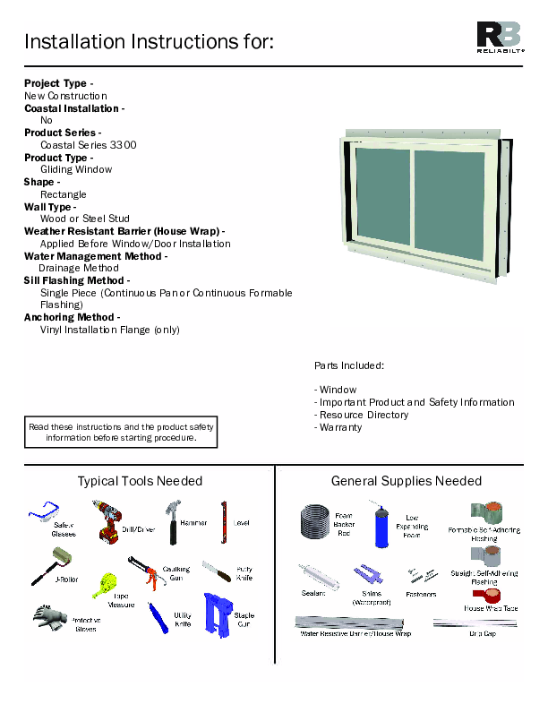 RELAIBILT Coastal Installation Instructions 3300 Slider Window Nailing Flange No J-Channel