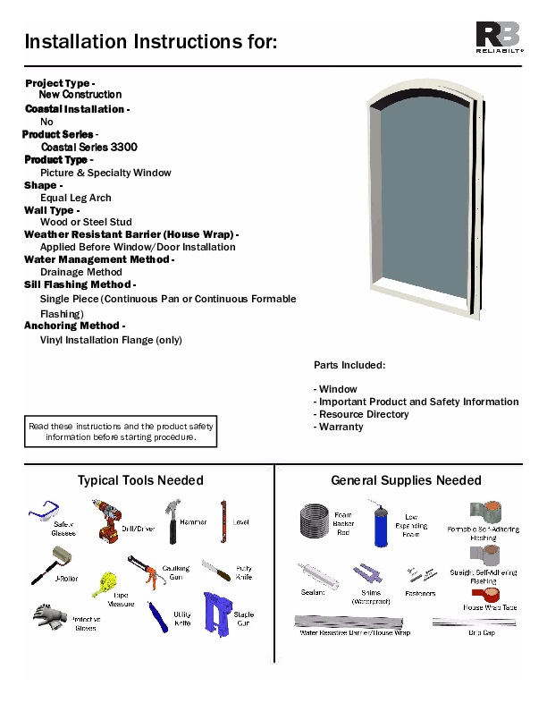 RELAIBILT Coastal Installation Instructions 3300 Specialty Equal Leg Arch No J-Channel Non-Impact
