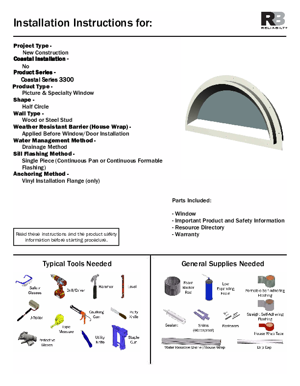 RELAIBILT Coastal Installation Instructions 3300 Specialty Half-Circle No J-Channel Non-Impact