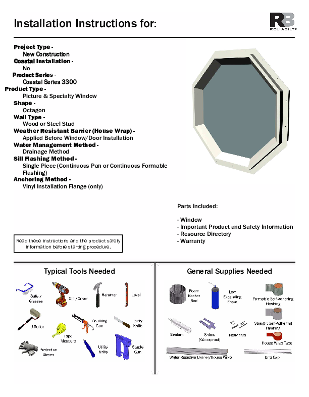 RELAIBILT Coastal Installation Instructions 3300 Specialty Octagon No J-Channel Non-Impact