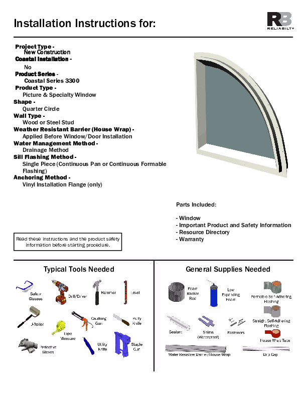 RELAIBILT Coastal Installation Instructions 3300 Specialty Quarte Circle No J-Channel Non-Impact