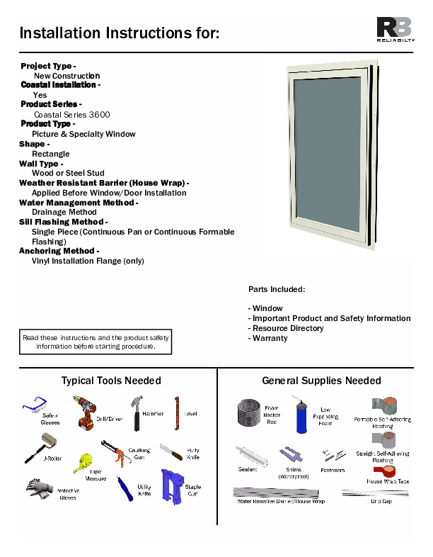 RELAIBILT Coastal Installation Instructions 3600 Picture No-J Impact
