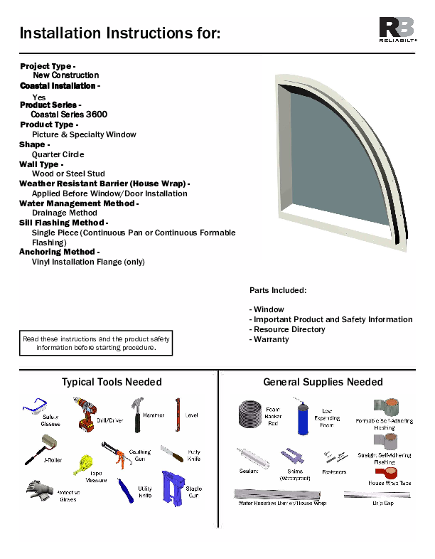 RELAIBILT Coastal Installation Instructions 3600 Quarter Circle No-J Impact