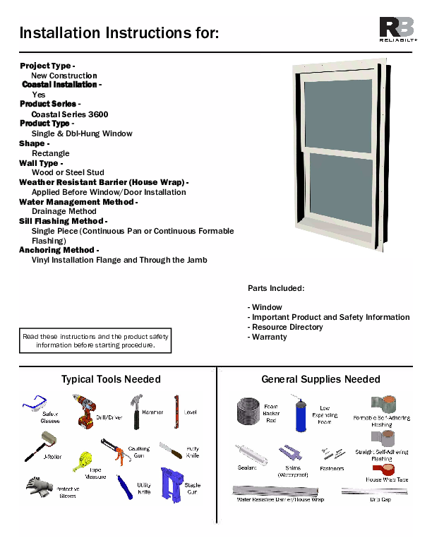 RELAIBILT Coastal Installation Instructions 3600 Rectangle Hung Window No J-Channel Impact