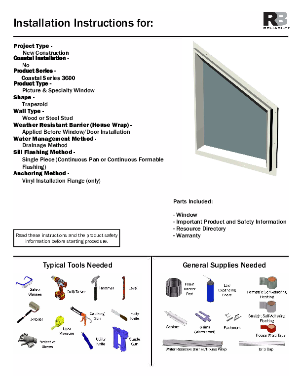 RELAIBILT Coastal Installation Instructions 3600 Trapezoid No-J Impact