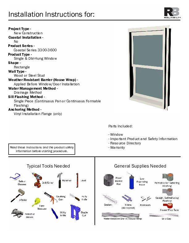 RELAIBILT Coastal Installation Instructions 3300 and 3600 Rectangle Hung Window No J-Channel Non-Impact