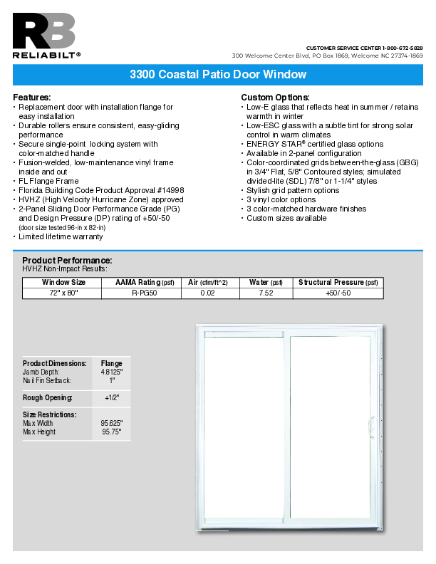RELIABILT Coastal 3300 Patio Door Technical Data Sheet
