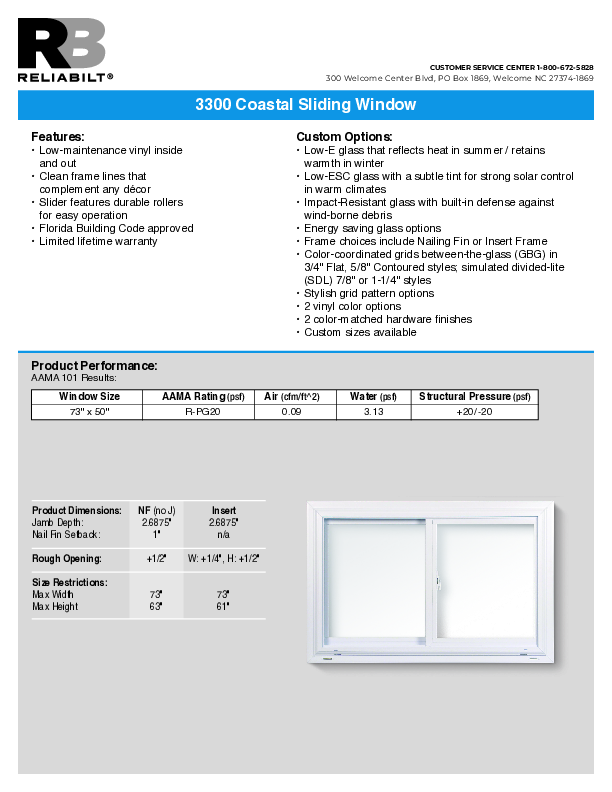 RELIABILT Coastal 3300 Slider Technical Data Sheet
