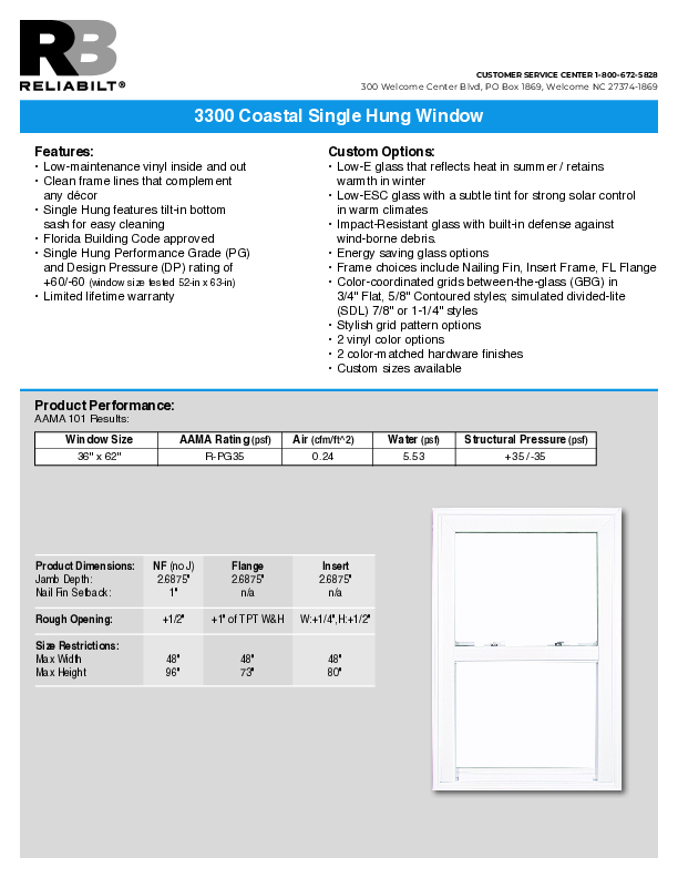 RELIABILT Coastal 3600 Single Hung Technical Data Sheet