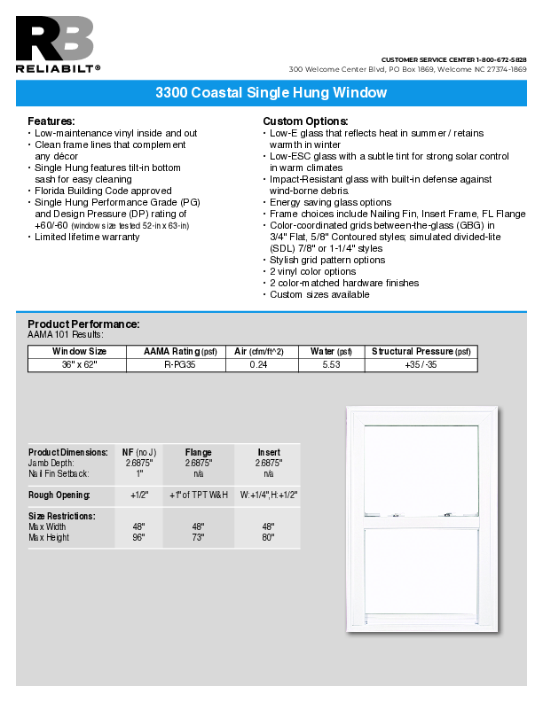 RELIABILT Coastal 3300 Single Hung Technical Data Sheet