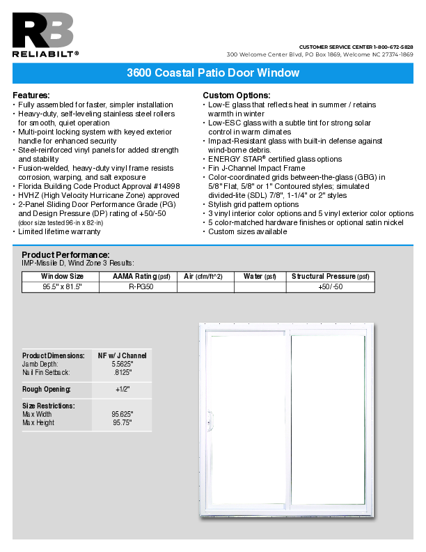 RELIABILT Coastal 3600 Patio Door Technical Data Sheet