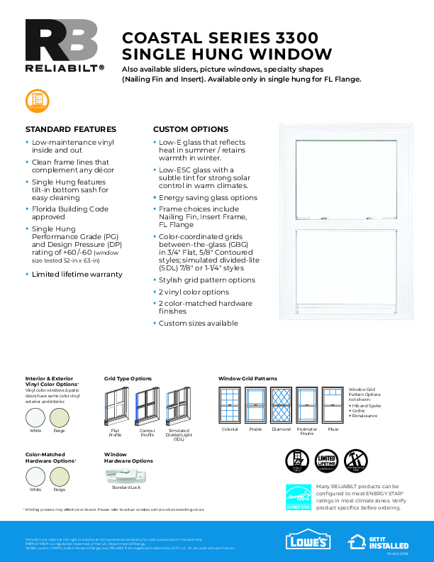 RELIABILT Coastal Series 3300 Single Hung Feature Sheet 5-26