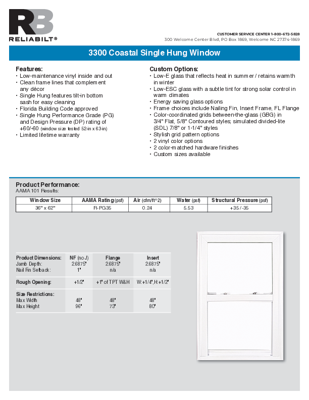 RELIABILT Coastal 3300 Single Hung Technical Data Sheet 5-26