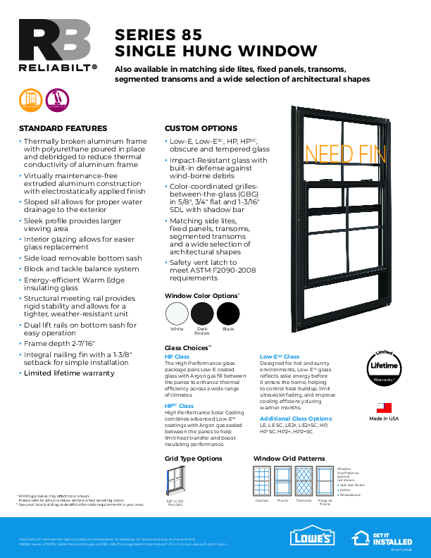 RELIABILT Aluminum Series 85 Single Hung Feature Sheet