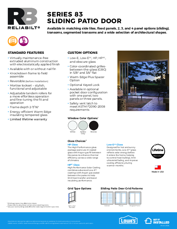 RELIABILT Aluminum Series 83 Patio Door Feature Sheet