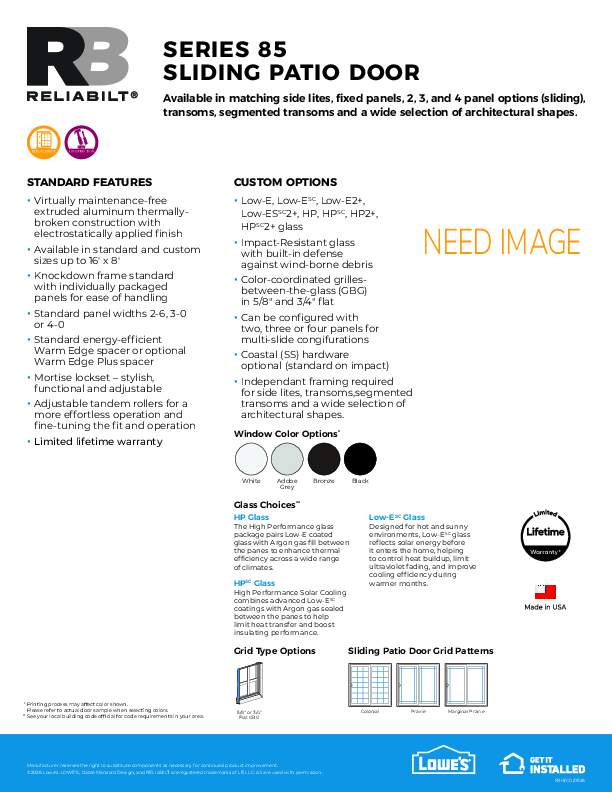 RELIABILT Aluminum Series 85 Patio Door Feature Sheet