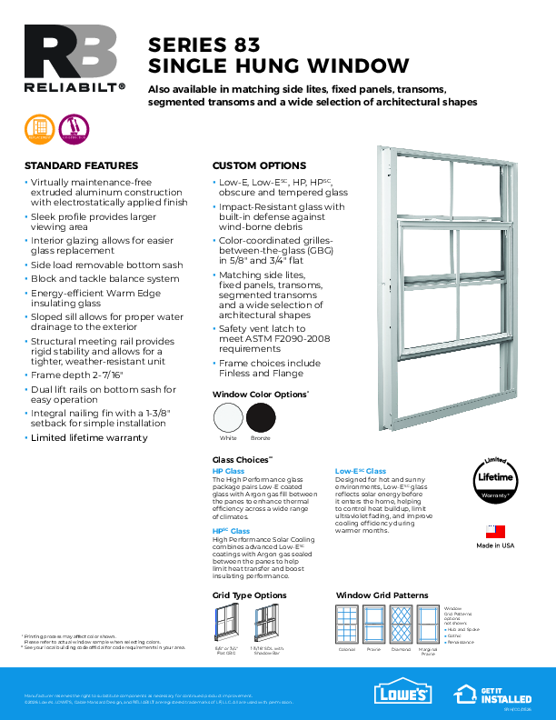 RELIABILT Aluminum Series 83 Single Hung Feature Sheet