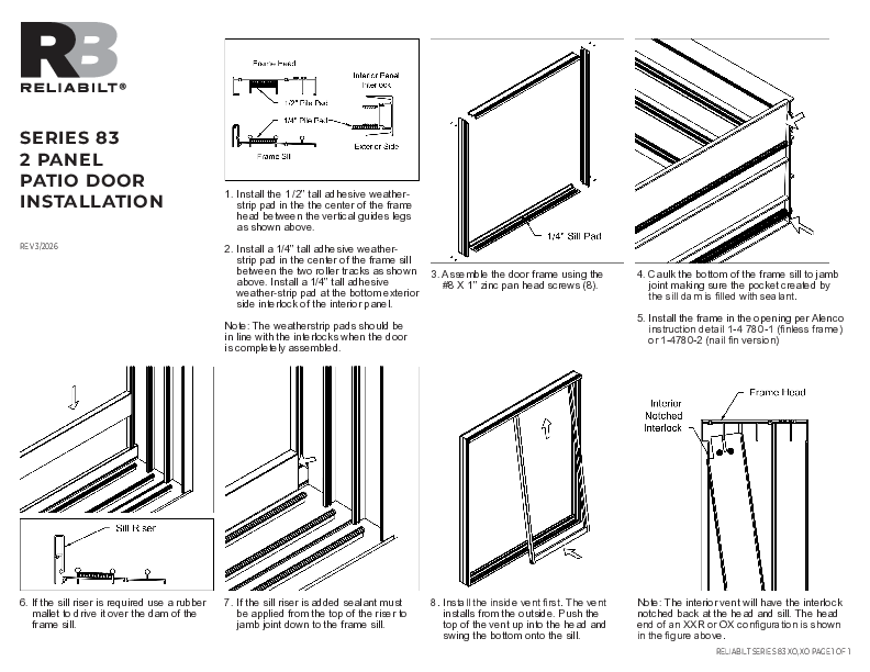 RELIABILT Aluminum Series 83 SD 2L XO or OX Installation Instructions