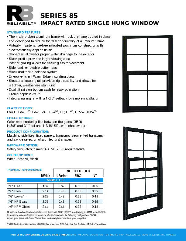 RELIABILT Aluminum Series 85 SH IMPACT Technical Datasheet
