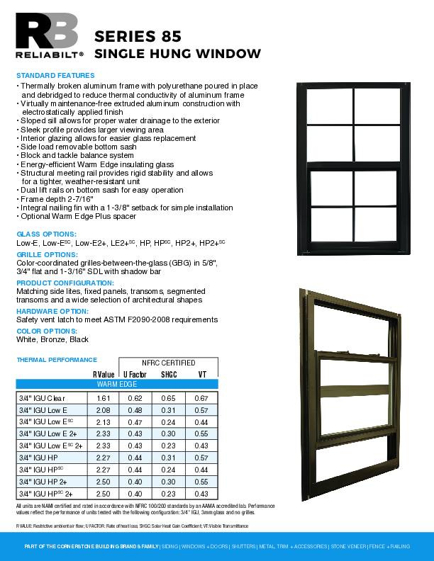 RELIABILT Aluminum Series 85 SH Technical Datasheet