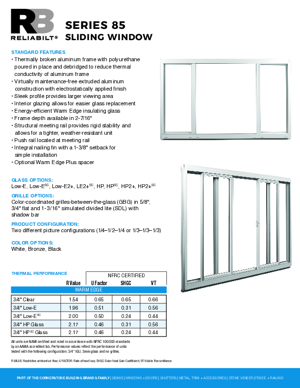 RELIABILT Aluminum Series 85 SL Technical Datasheet