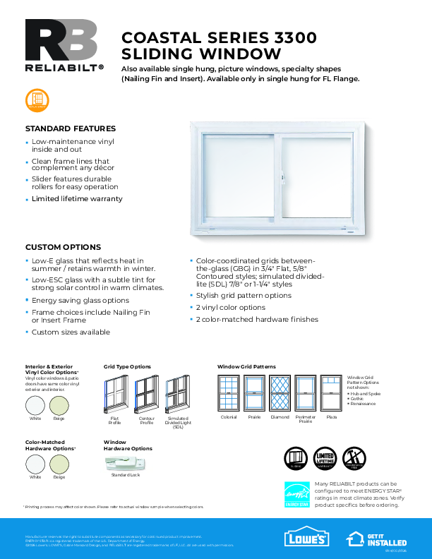 RELIABILT Coastal Series 3300 Slider Feature Sheet 6-26