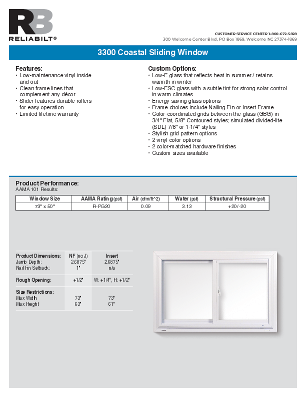 RELIABILT Coastal 3300 Slider Technical Data Sheet 6-26