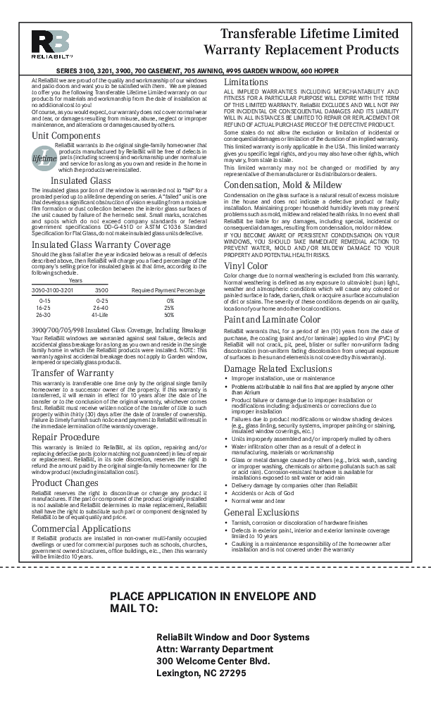 RELIABILT Replacement Series 3100, 3201, 3900 Warranty