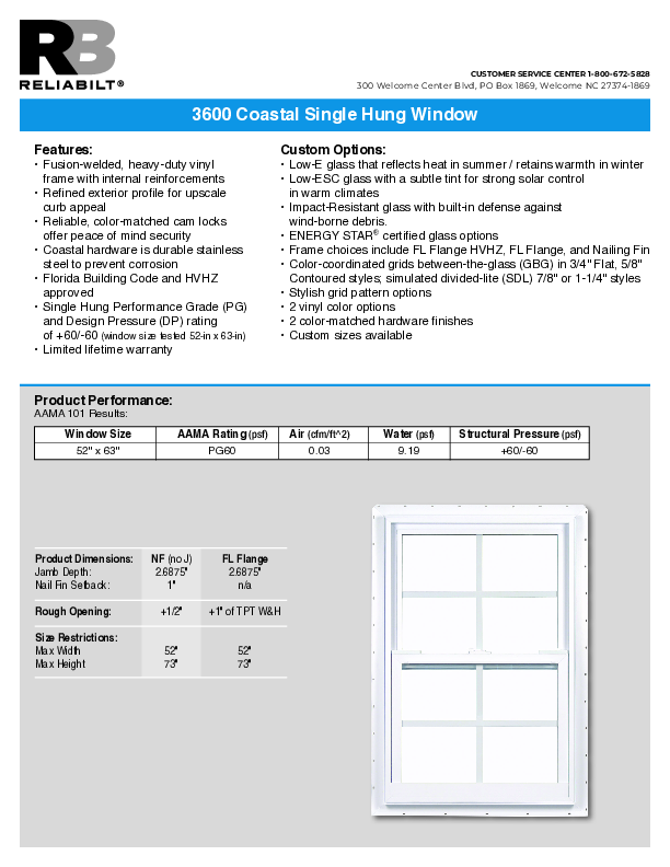 RELIABILT Coastal 3600 Single Hung Technical Data Sheet 9-3